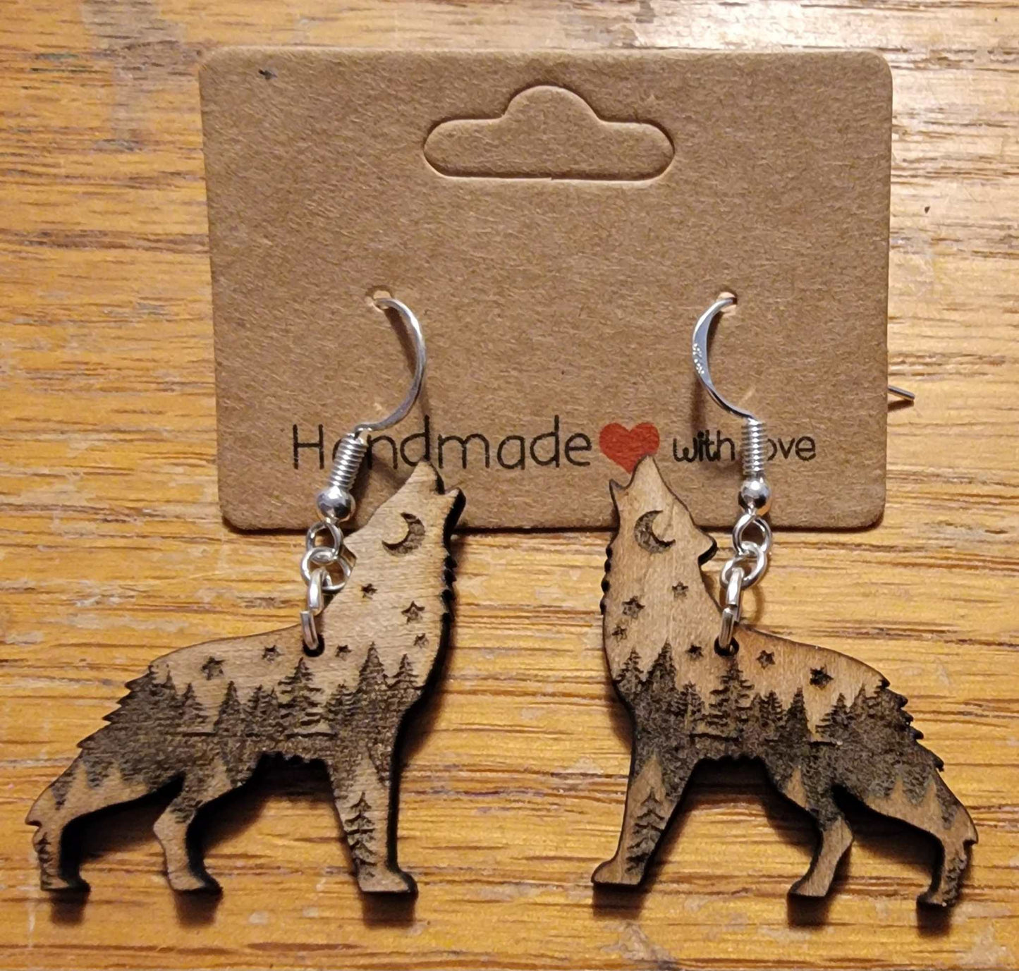 Wolf Earrings with trees, moon and starts in natural wood