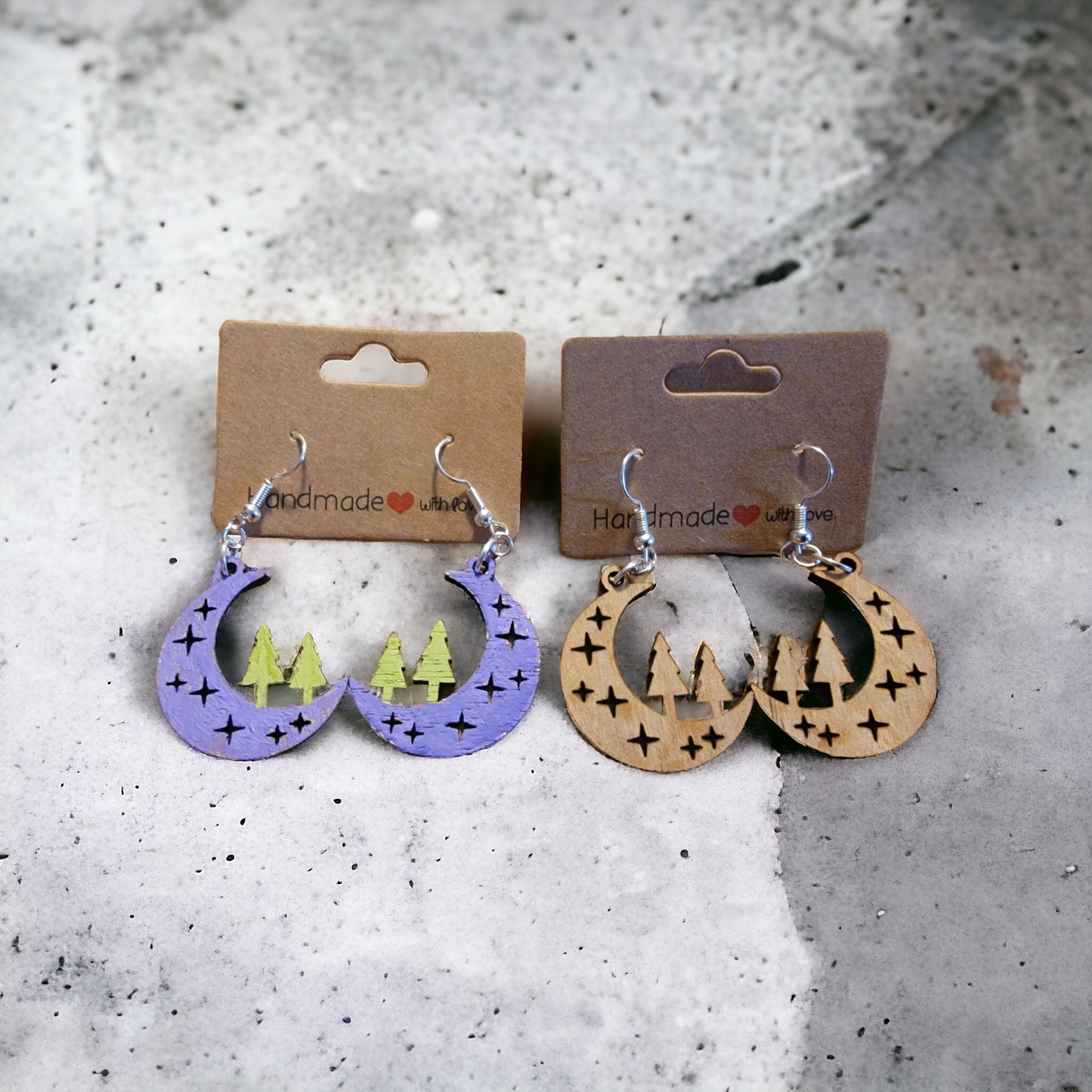 moon stars and trees earrings