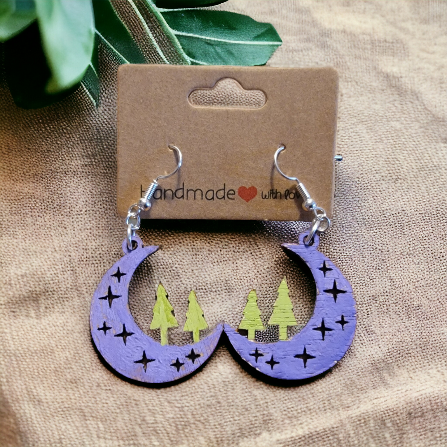 moon stars and trees earrings purple