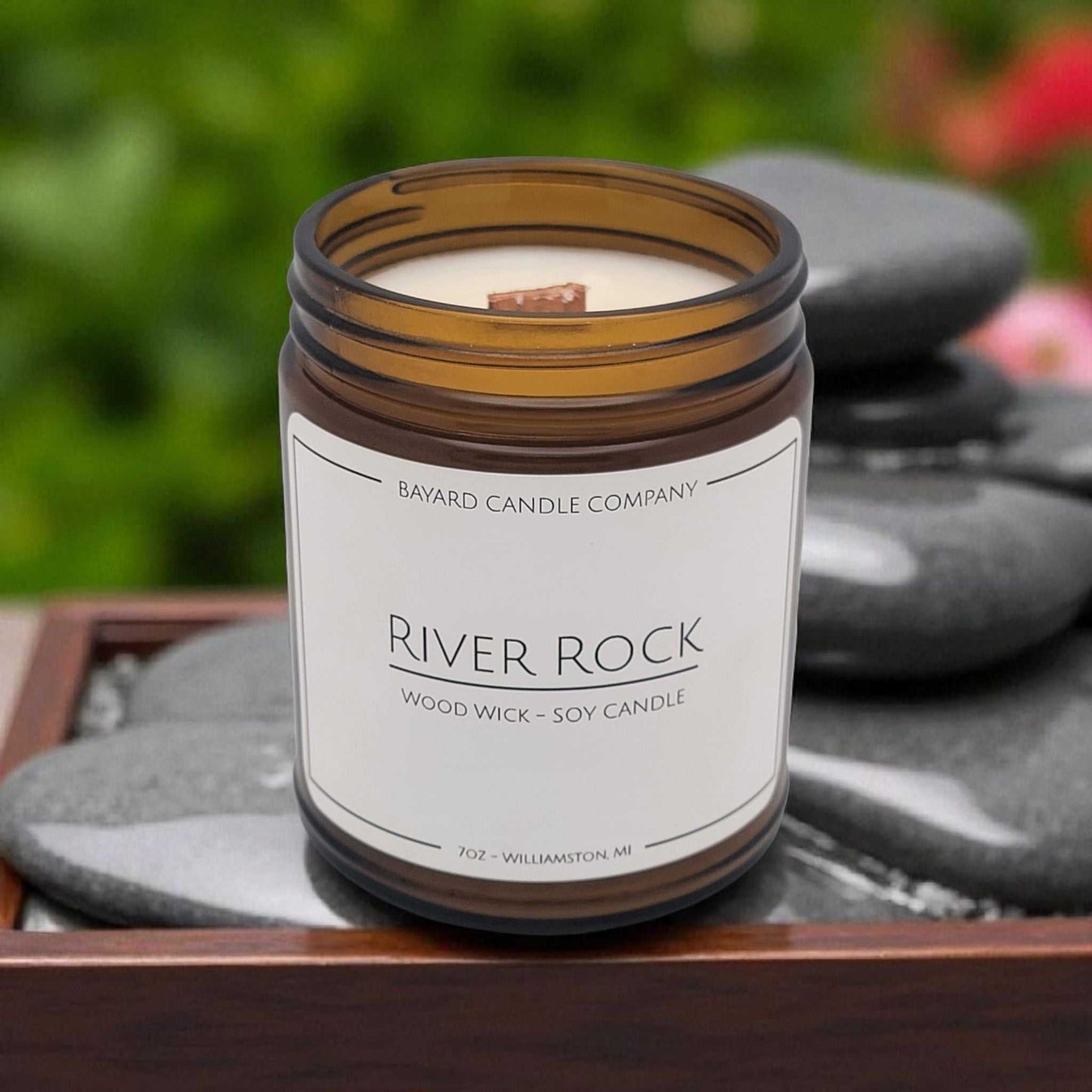 River Rock Wood Wick Candle with wet stones