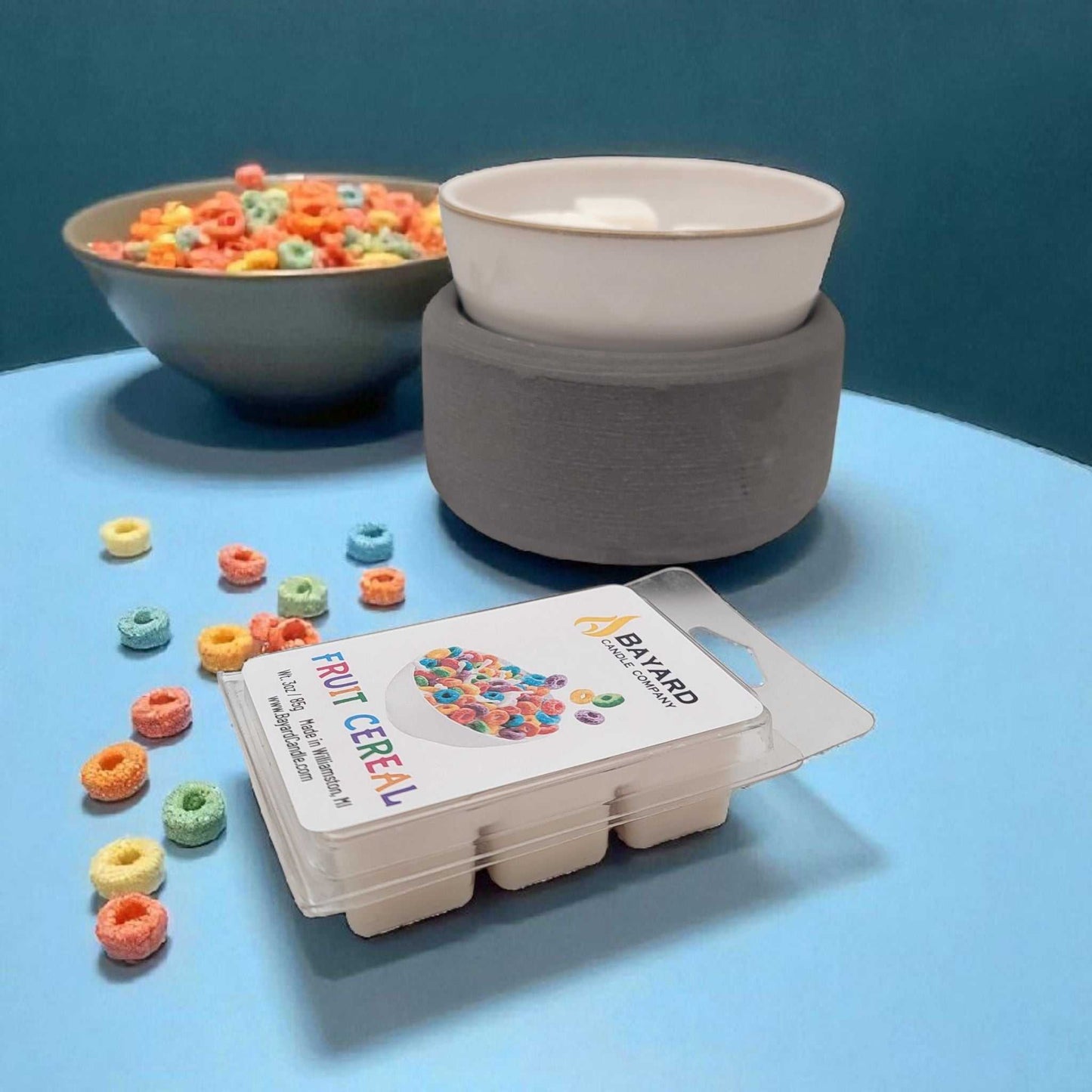 Fruit Cereal Soy wax melt with a bowl of froot loops