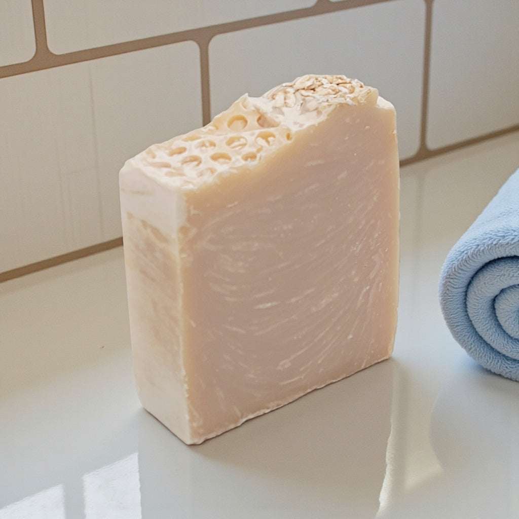 Oatmeal Milk and Honey Soap on a bathroom counter