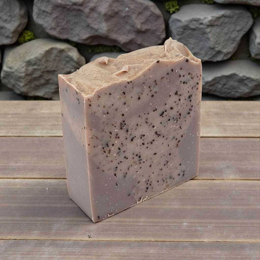 Cold brewed coffee soap on a wood counter