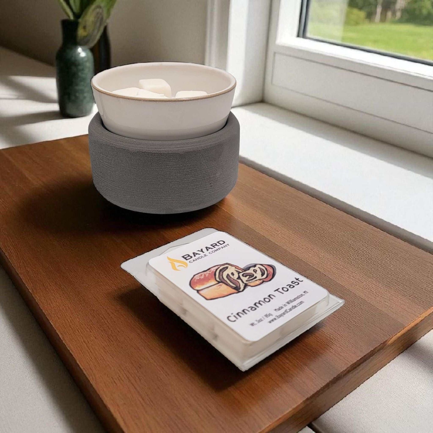 Cinnamon Toast Soy wax melt on a wood cutting board