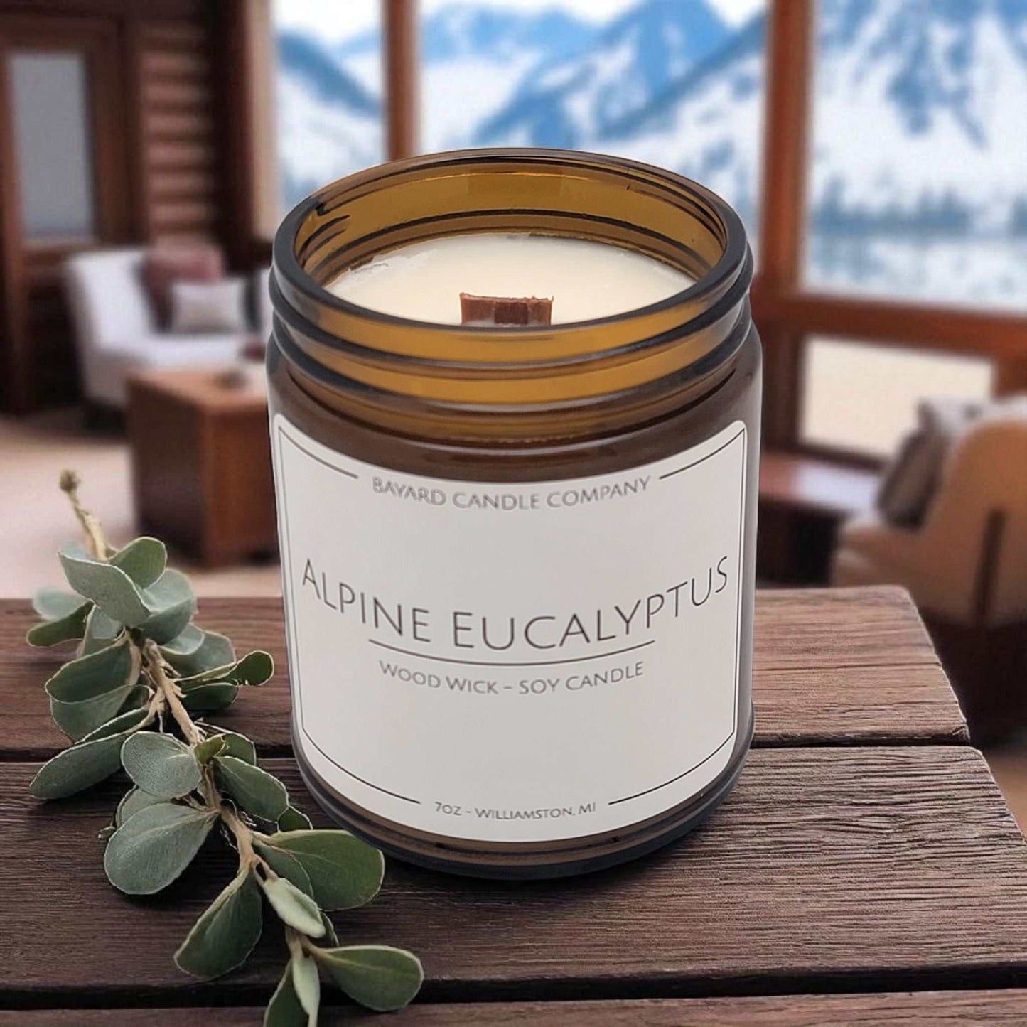 Alpine Eucalyptus Wood Wick Candle o mm a wood shelf