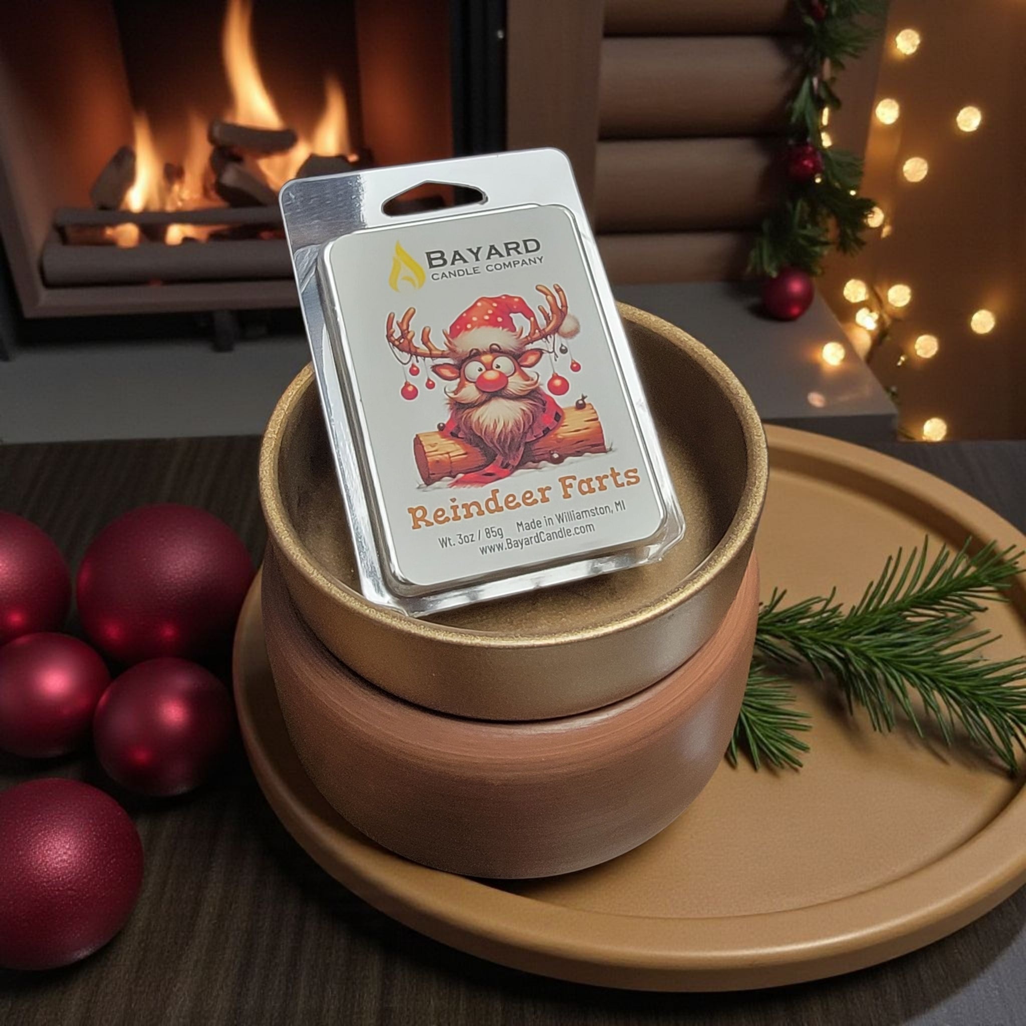 Reindeer Farts Soy Wax Mel in a wax warmer by cozy fireplace