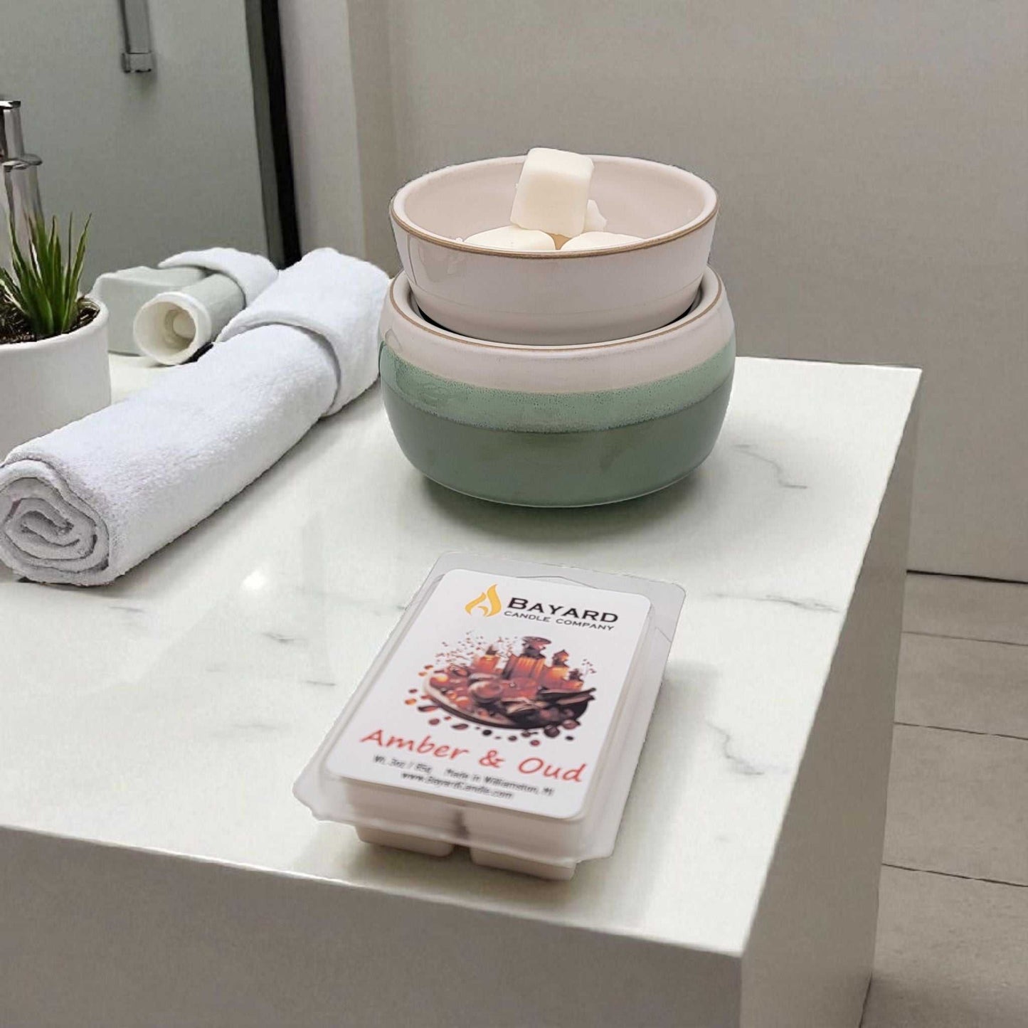 Amber and Oud Soy wax melt in a bathroom