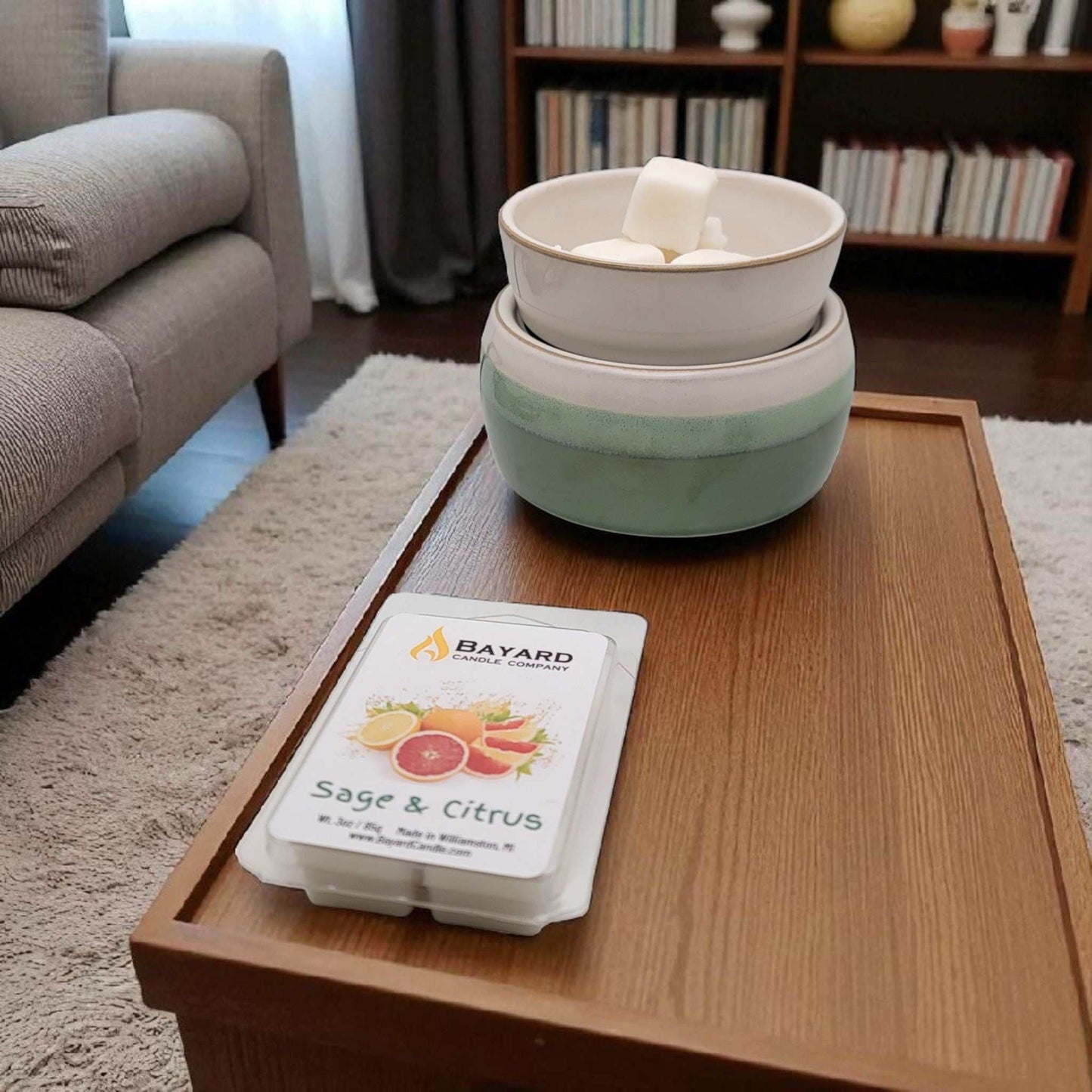 Sage and Citrus Soy Wax Melt on a brown table