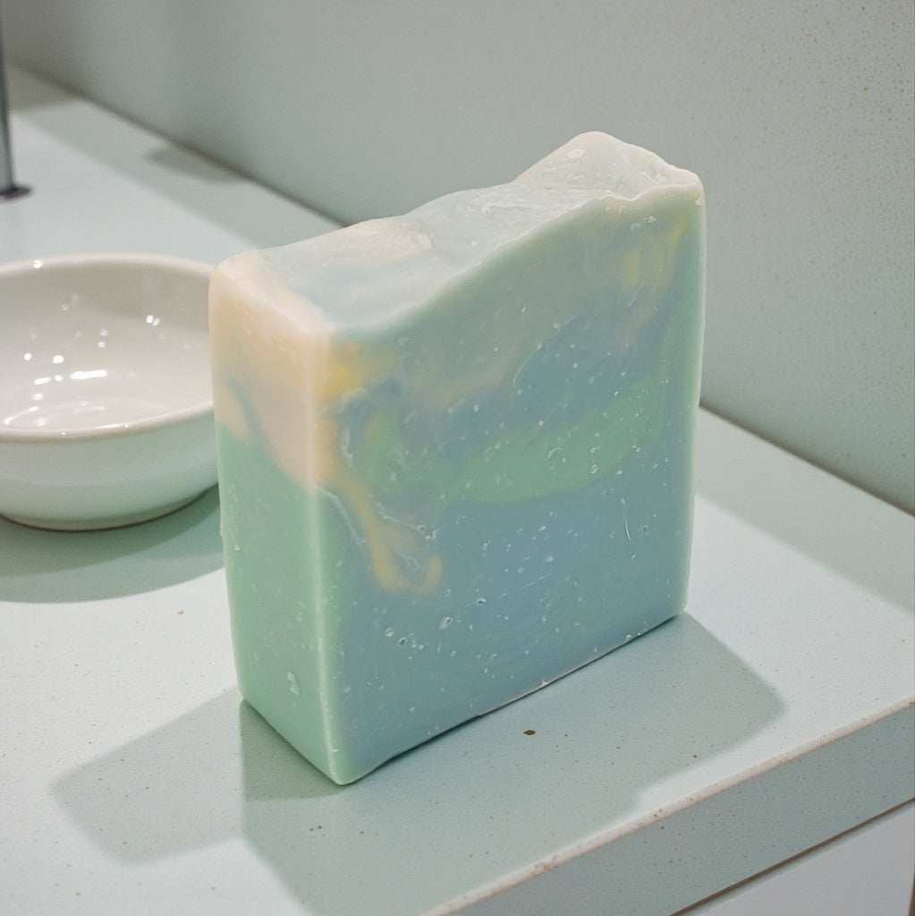 Caribbean Teakwood soap on a bathroom counter