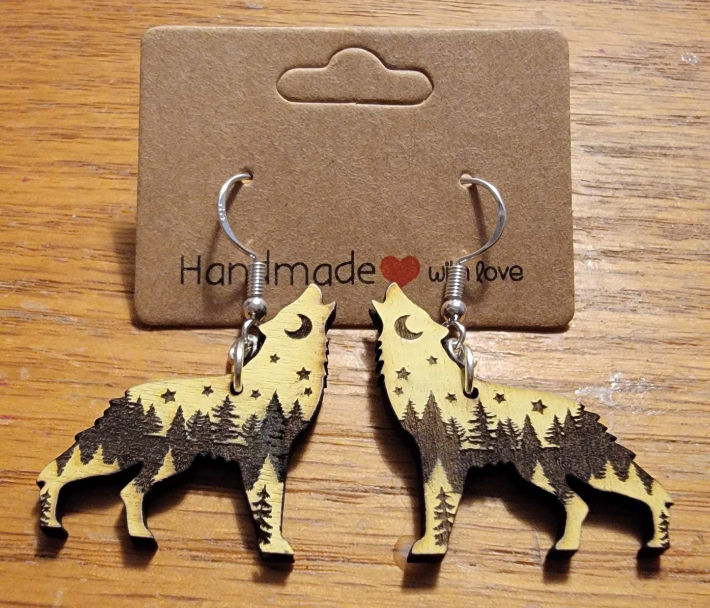 Wolf Earrings with trees, moon and starts in yellow