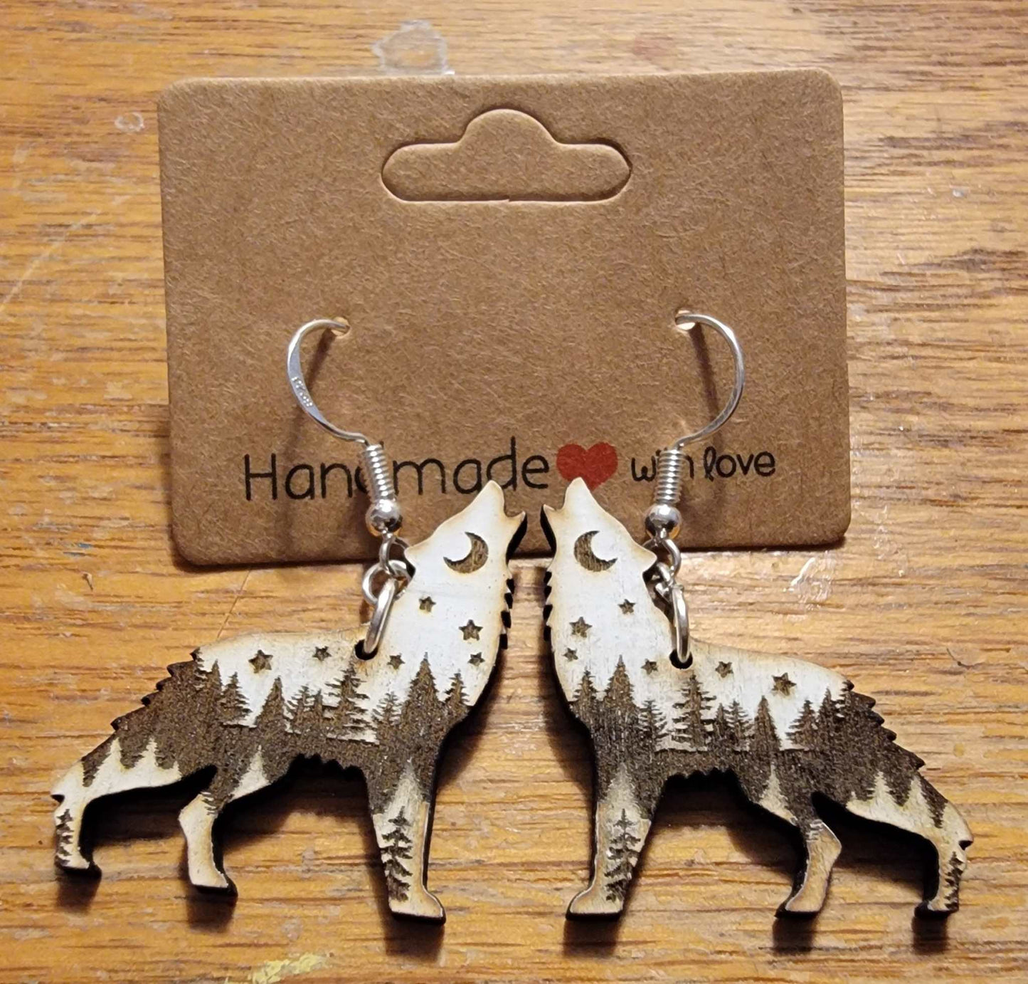 Wolf Earrings with trees, moon and starts in white