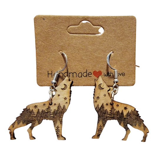 Wolf Earrings with trees, moon and starts in natural wood on white background