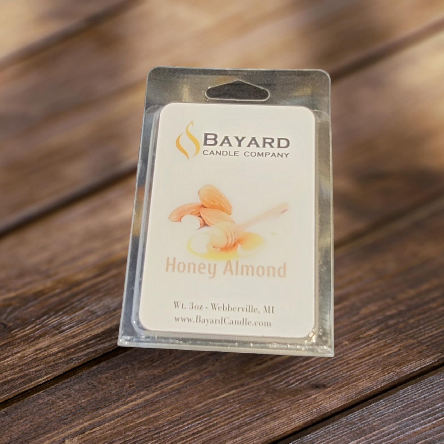 Honey Almond Soy Wax Melt on a wood table