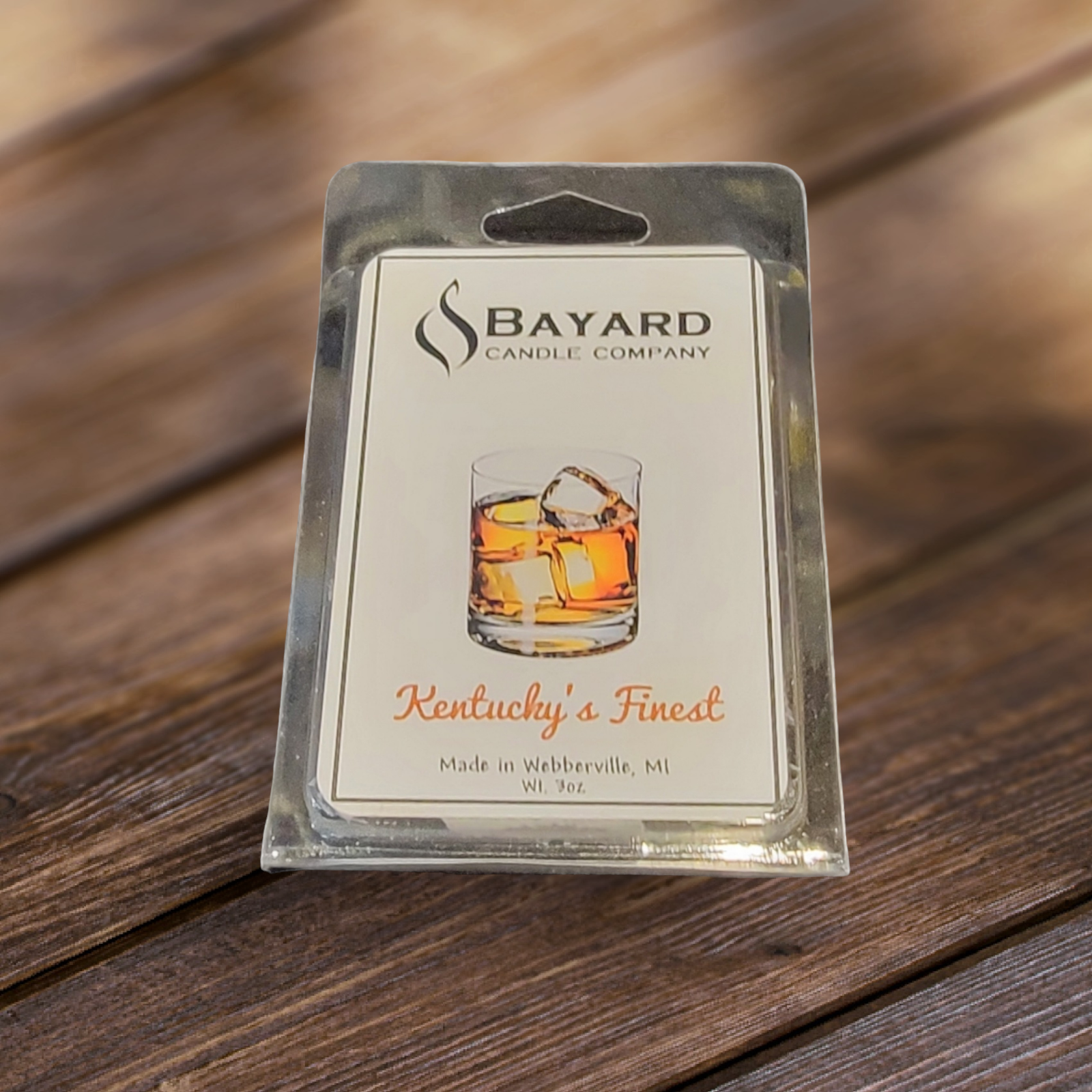 kentuckys finest wax melt on wood counter top