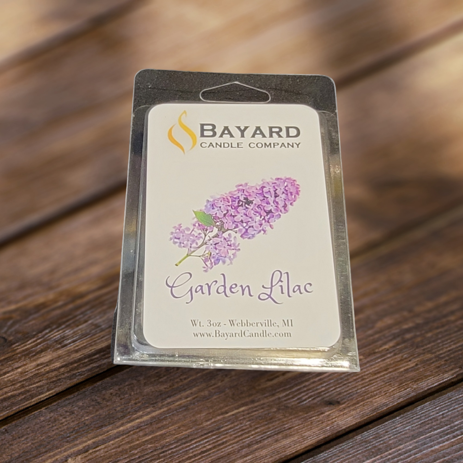 Garden Lilac Soy Wax Melt on a wood Table