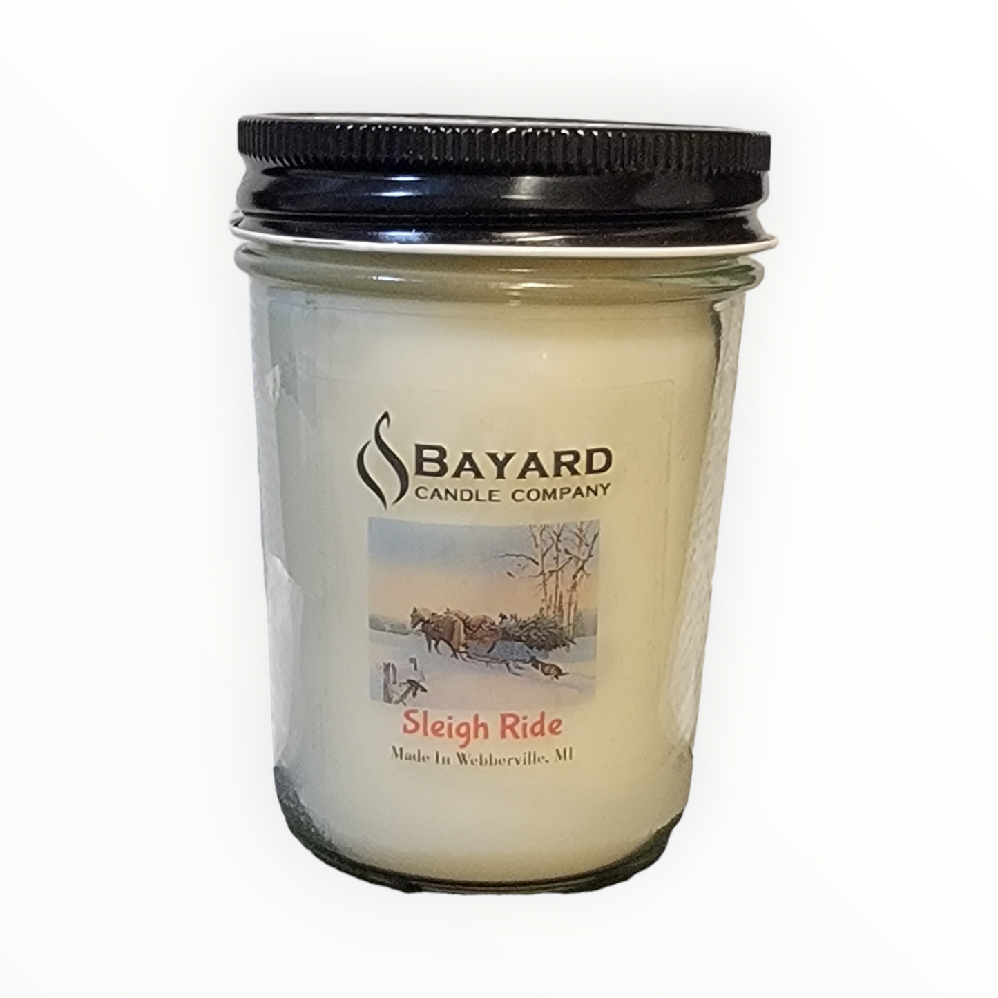 sleigh ride soy candle on white background