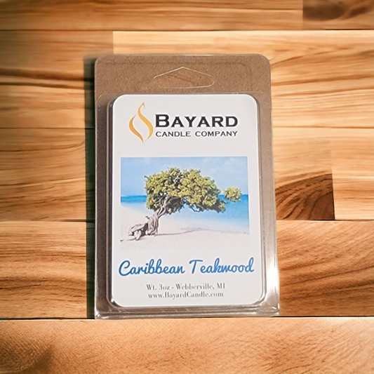Caribbean Teakwood Soy Wax Melt on a wood counter top