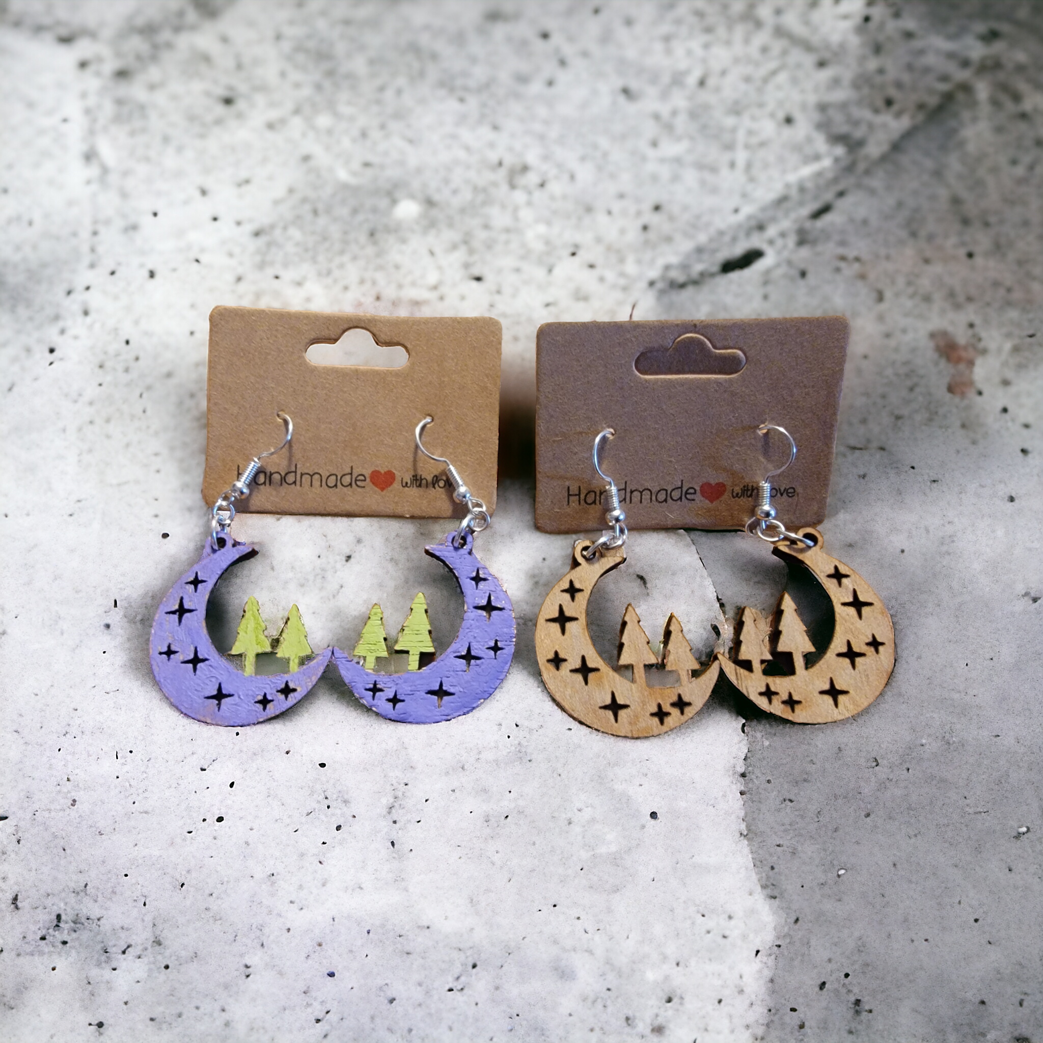 moon stars and trees earrings