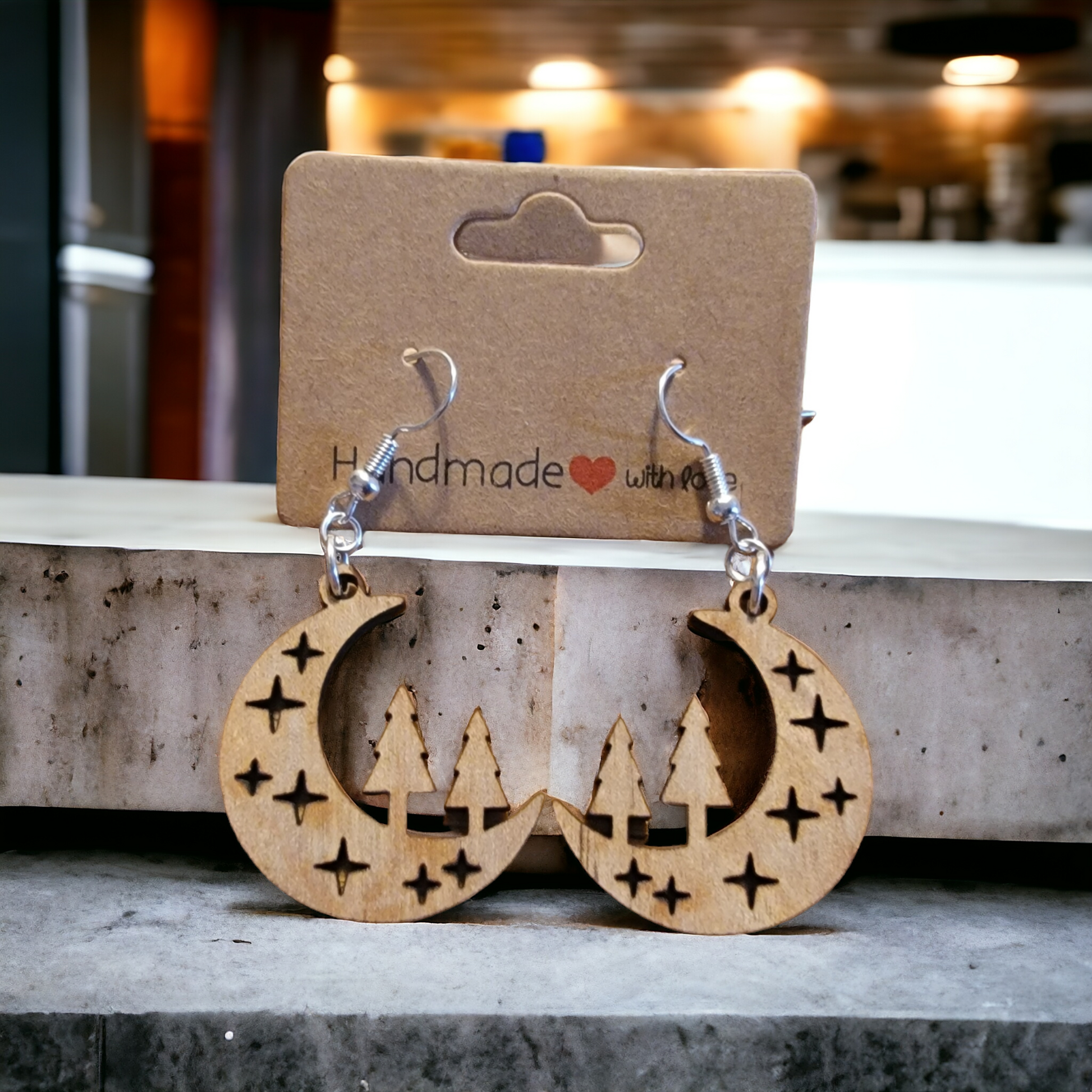 moon stars and trees earrings natural