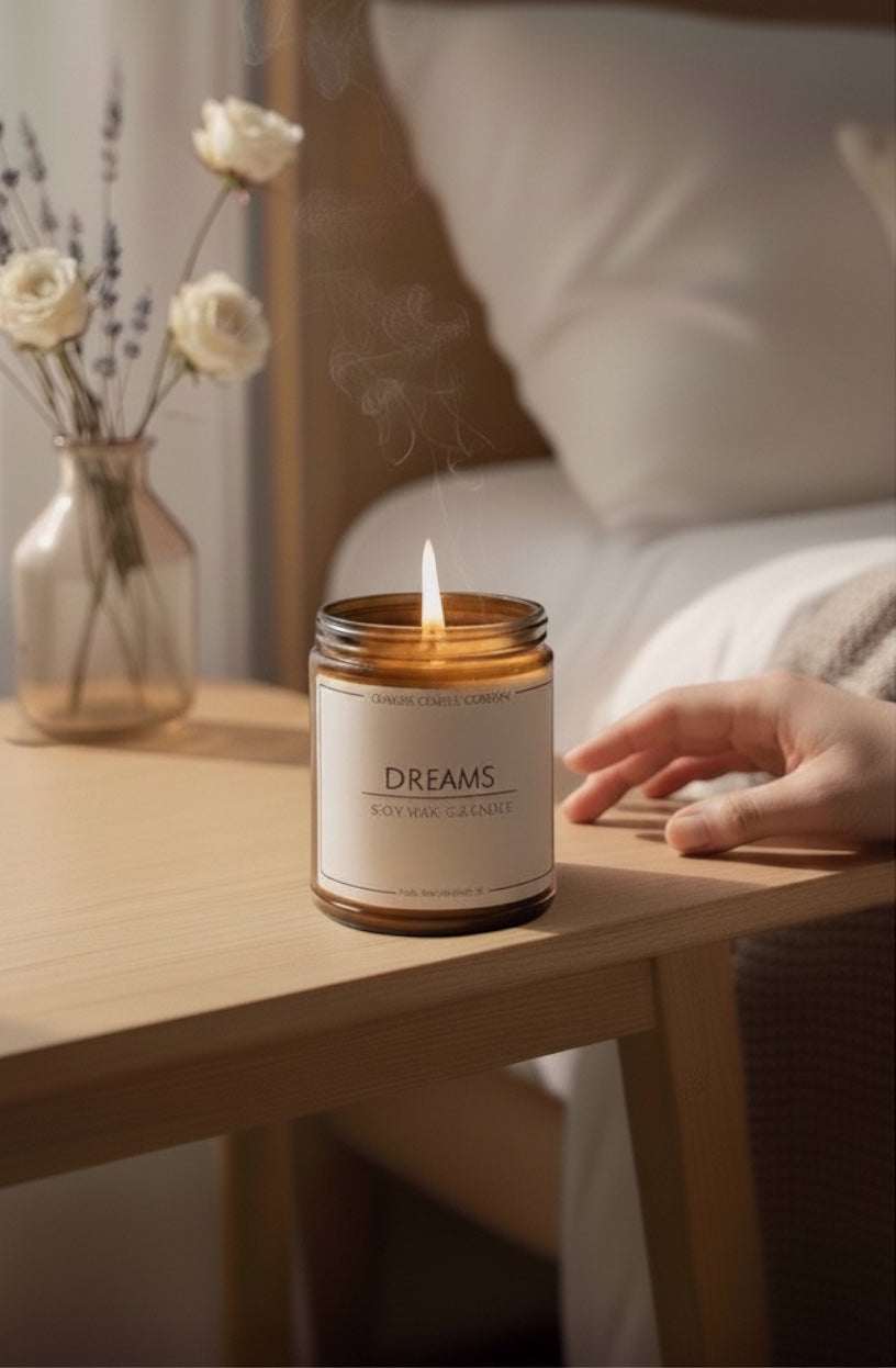 Dreams wood wick candle burning on bedside table with soft natural light, cozy bedroom setting