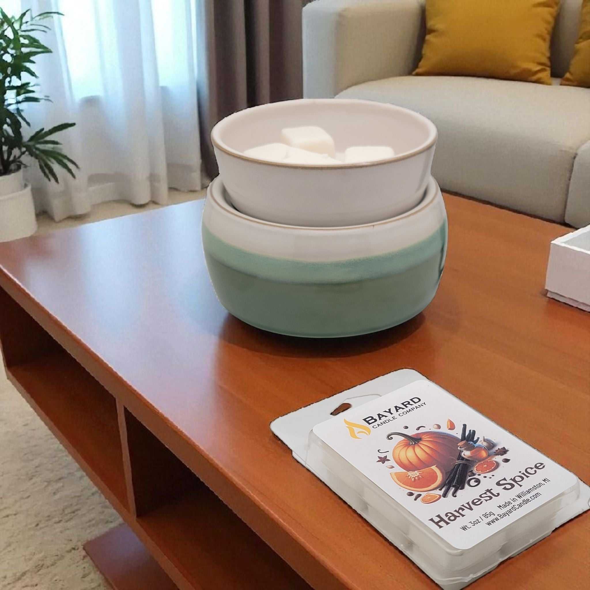 Harvest Spice Soy Wax Melt on a coffee table 
