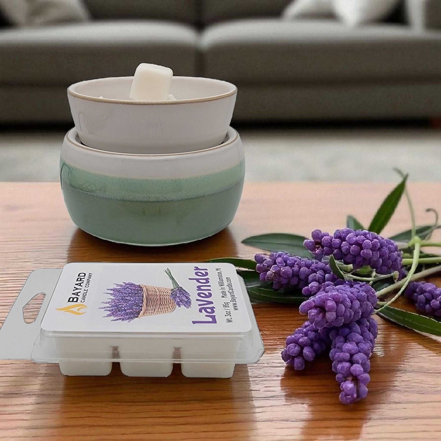Lavender Soy Wax Melt on a table
