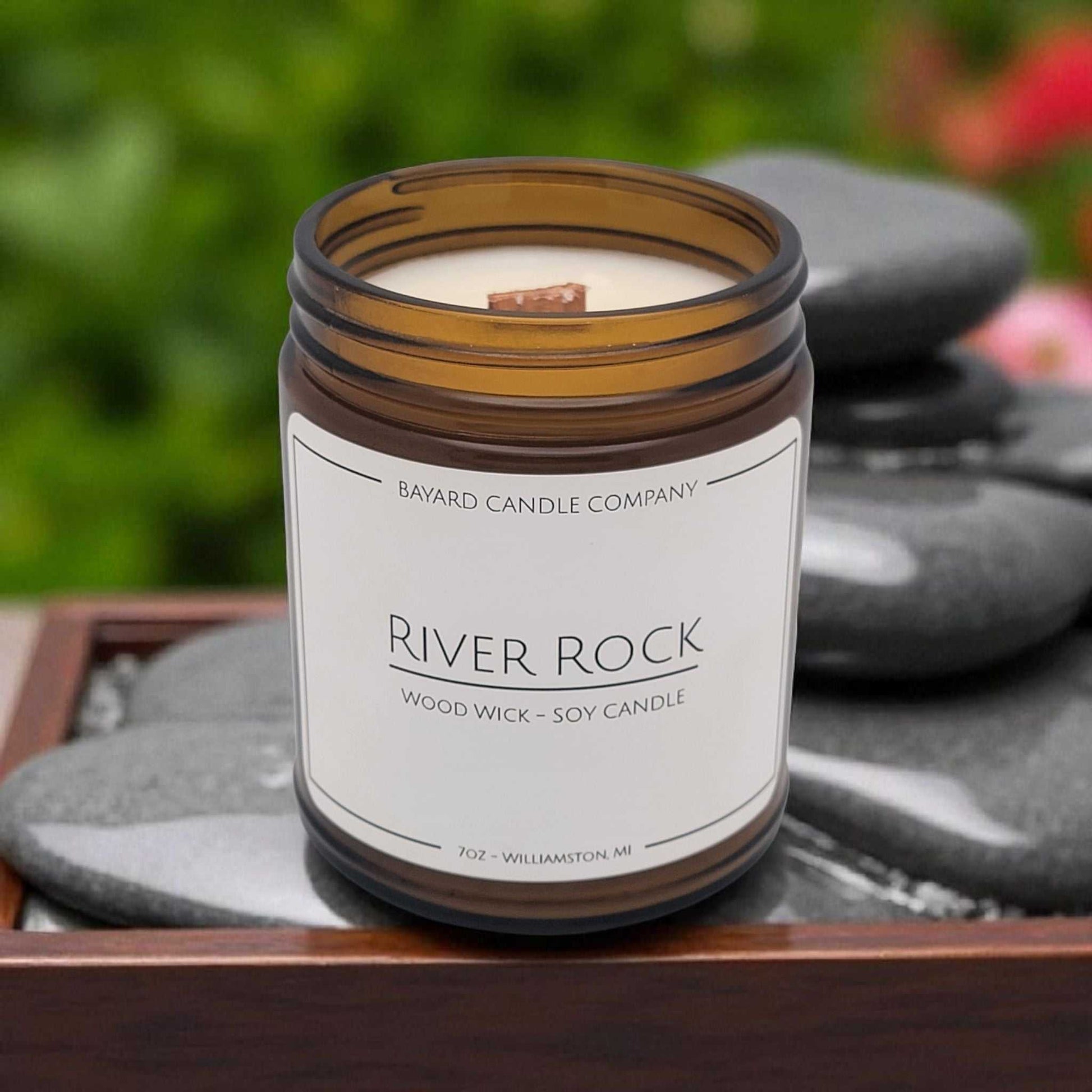 River Rock Wood Wick Candle with wet stones