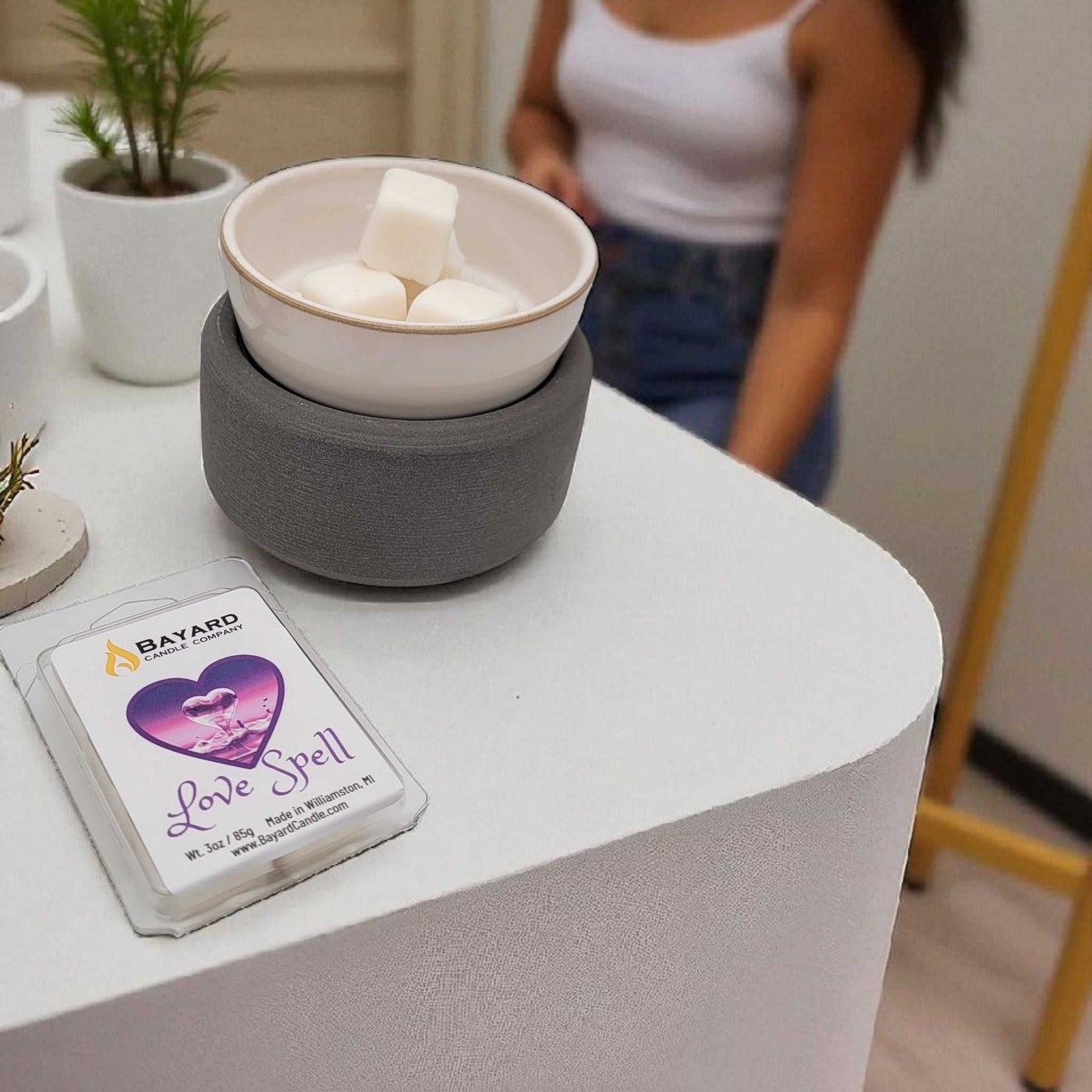 Love Spell Soy wax melt on a table 