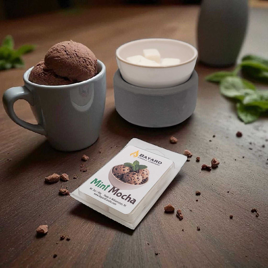 Mint Mocha Soy Wax Melt on a table with ice cream 