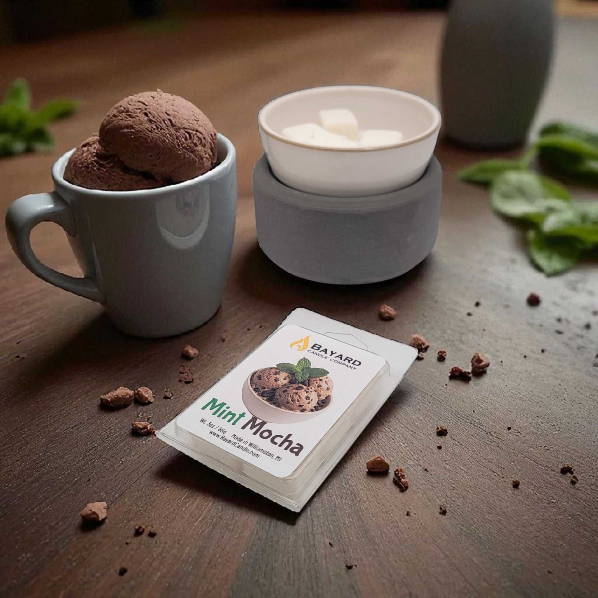 Mint Mocha Soy Wax Melt on a table with ice cream 