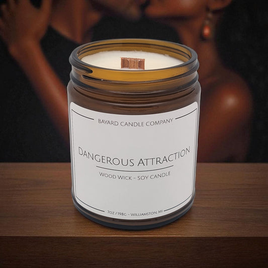 Dangerous Attraction Wood Wick Candle in an intimate setting 