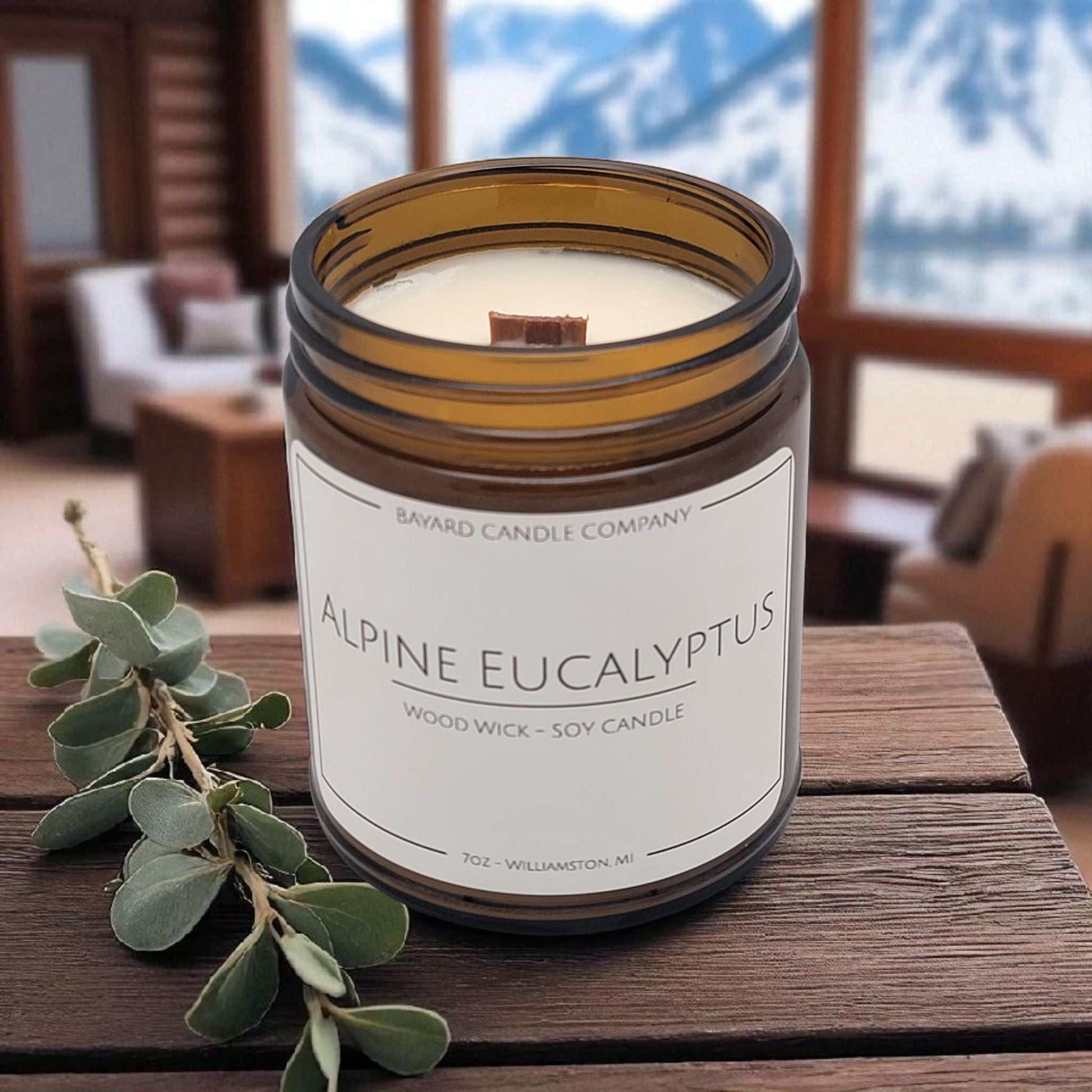 Alpine Eucalyptus Wood Wick Candle o mm a wood shelf