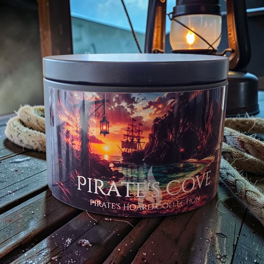 A round metal candle tin labeled &