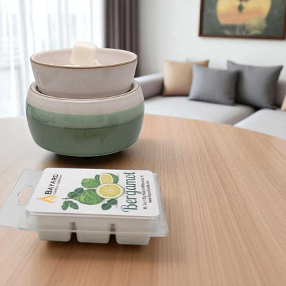 Bergamot Soy wax melt on a table by a couch