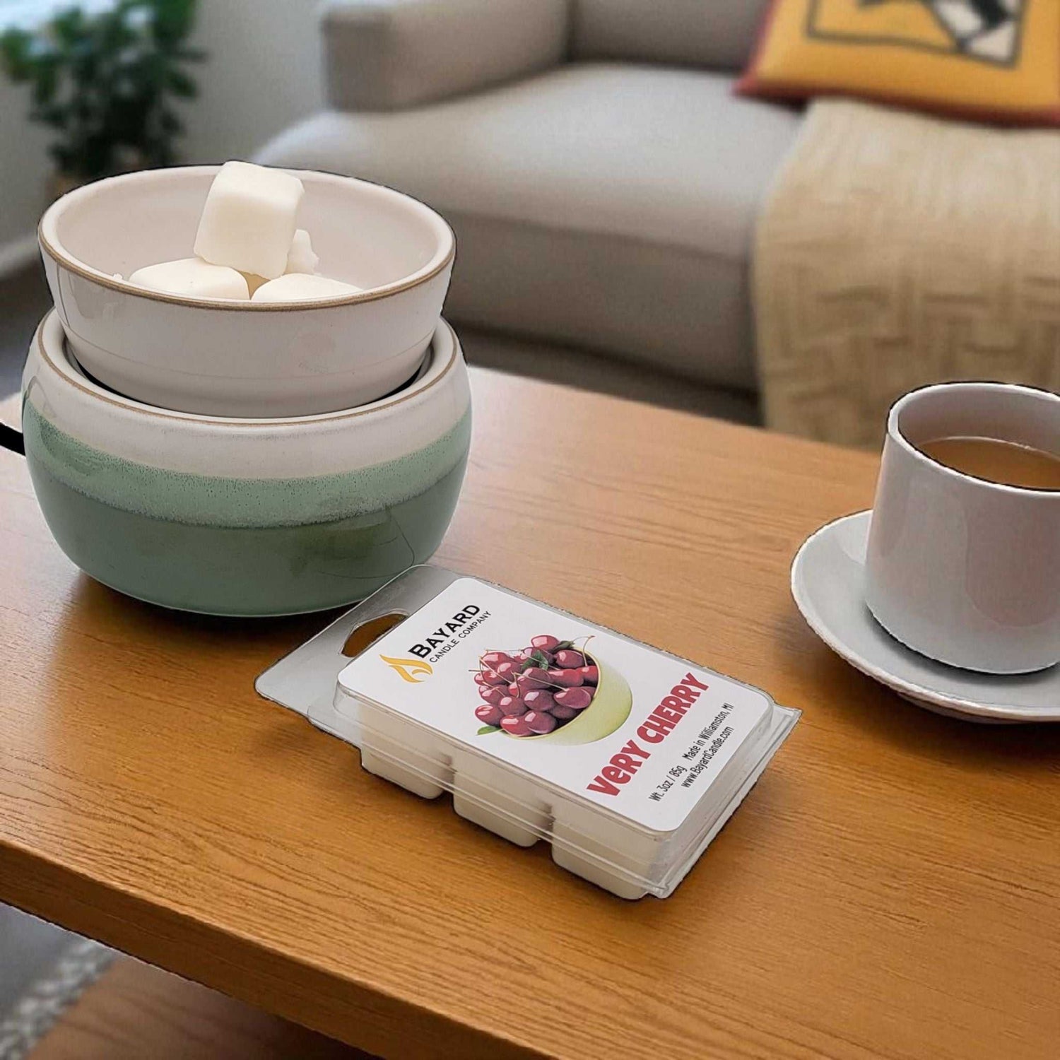 Very Cherry Soy Wax Melt on a coffee table 