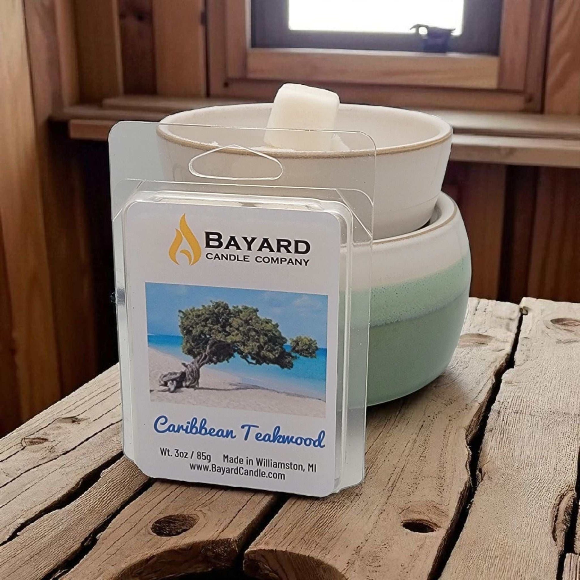 Caribbean Teakwood Soy Wax Melt on a rustic table