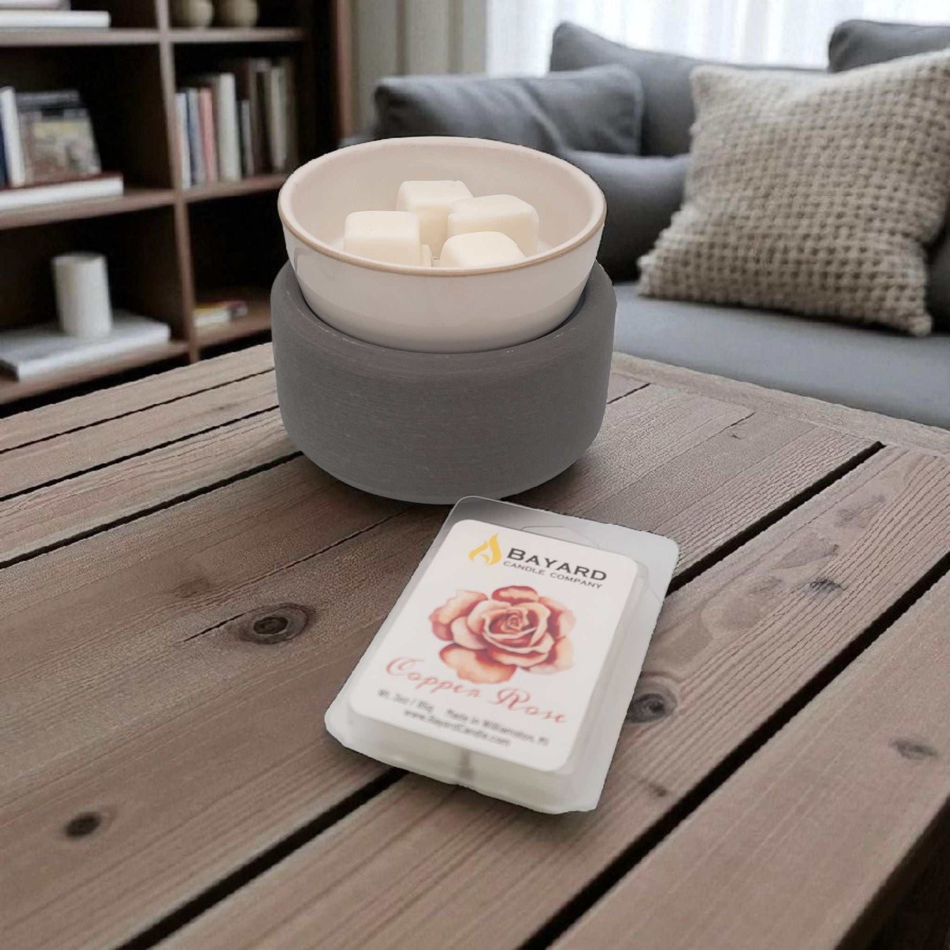Copper Rose Soy Wax Melt on a table