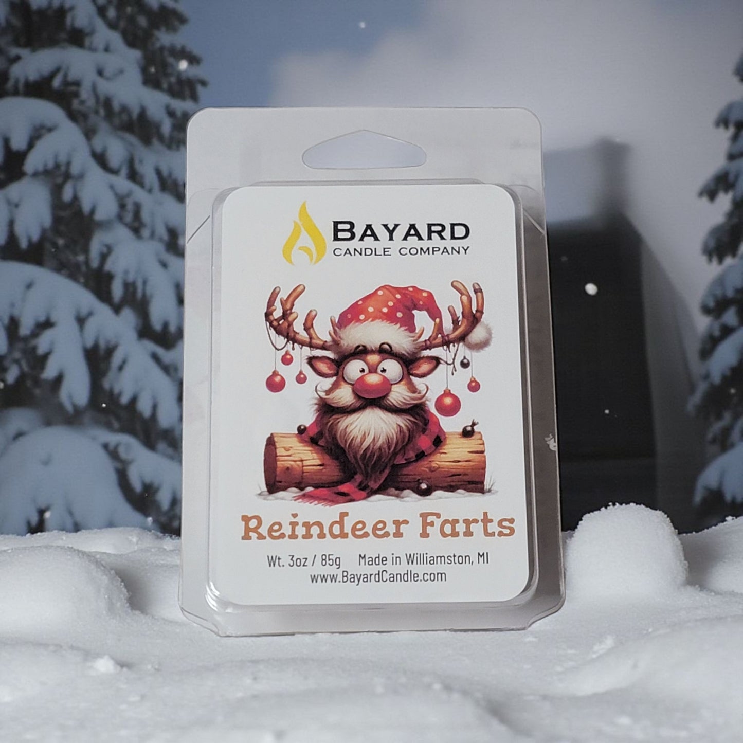 Reindeer Farts Soy Wax Melt in a snowy scene 