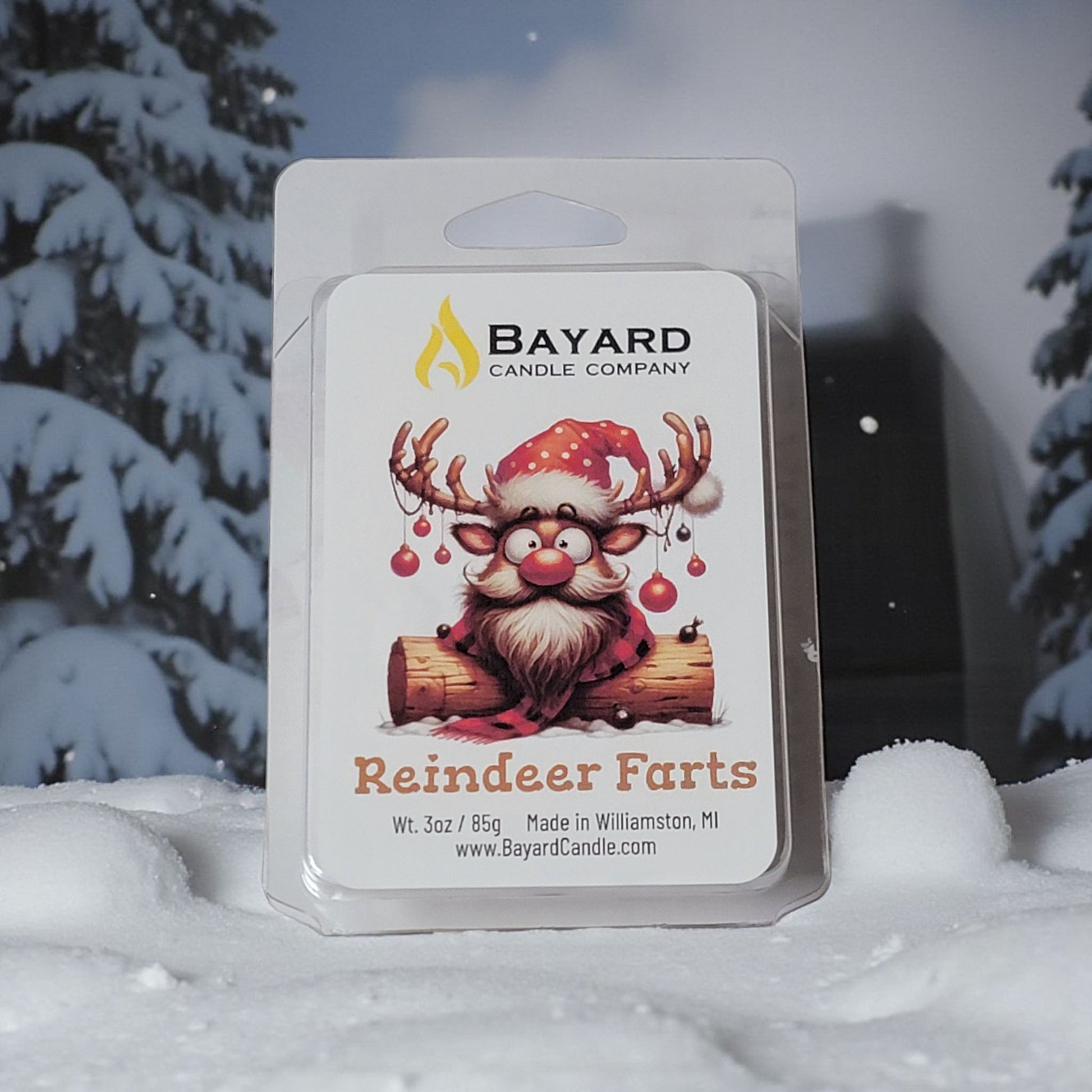 Reindeer Farts Soy Wax Melt in a snowy scene 