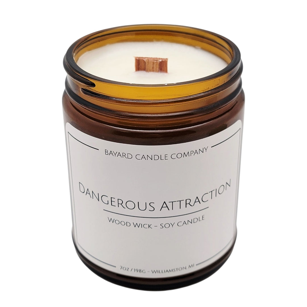 Dangerous Attraction Wood Wick Candle with the top off