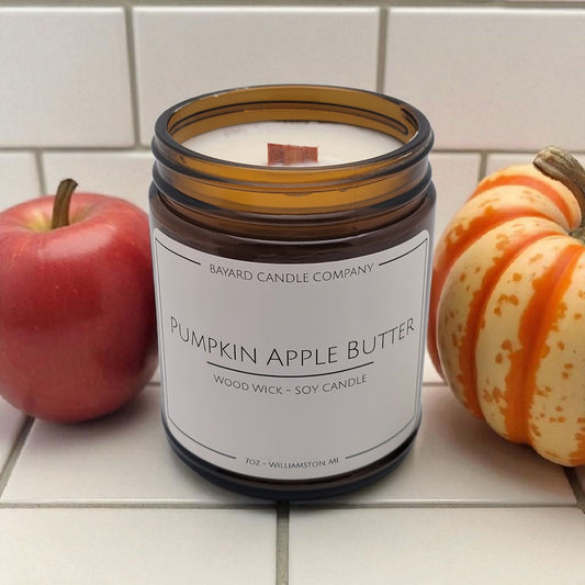 Pumpkin Apple Butter Wood Wick Candle with a real apple and pumpkin