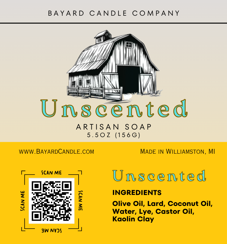 Unscented Artisan Soap - Label with a Barn and Ingredients.