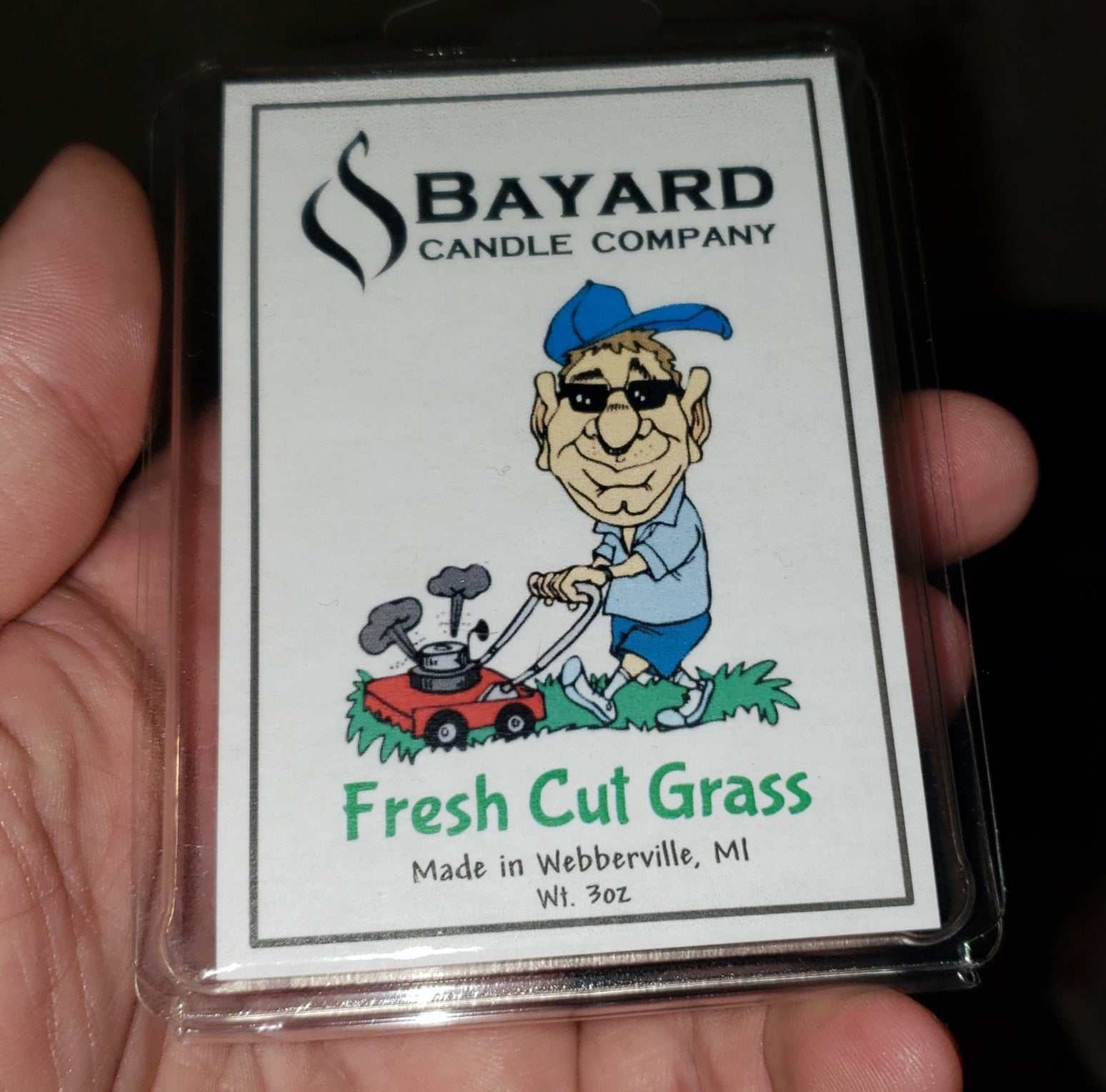 Fresh Cut Grass Soy Wax Melt in a hand
