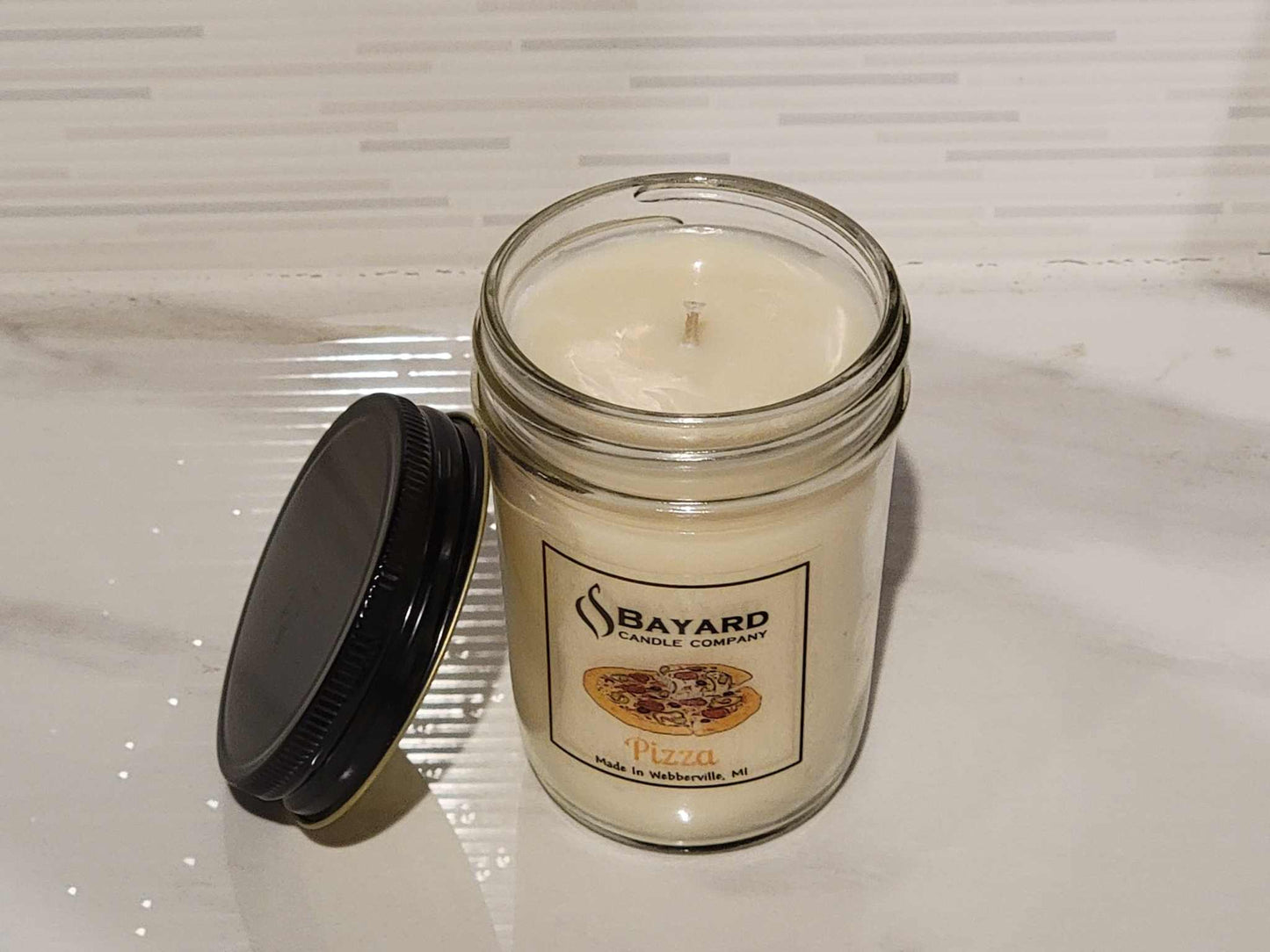 Pizza Soy Wax Candle lid off